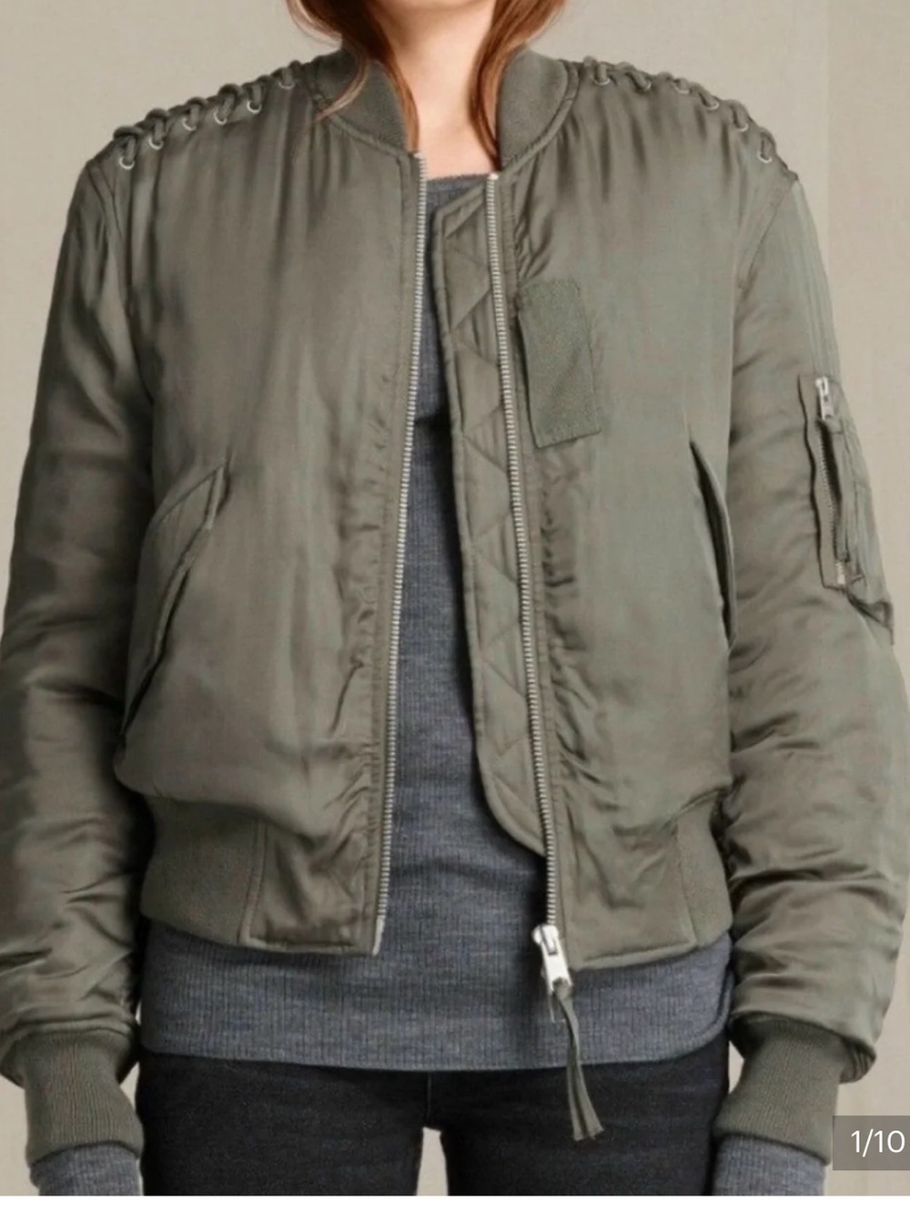AllSaints Bree Laced Bomber Jacket – Dark Sage Green – Small